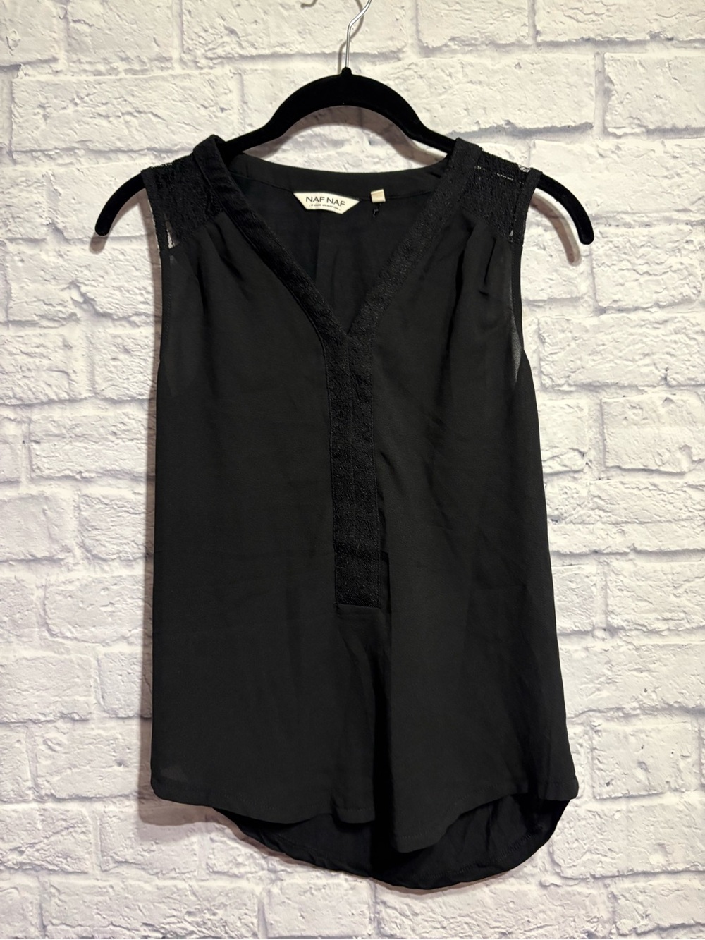 NAF NAF Black Sleeveless V-Neck Lace-Trim Top XS